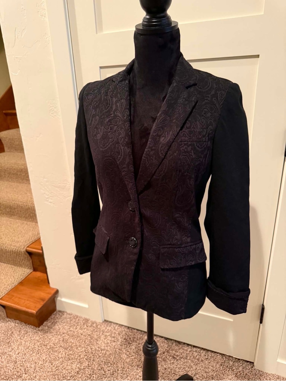 ETCETERA Women's Black Paisley 2-Button Mixed Textures Blazer Size 2